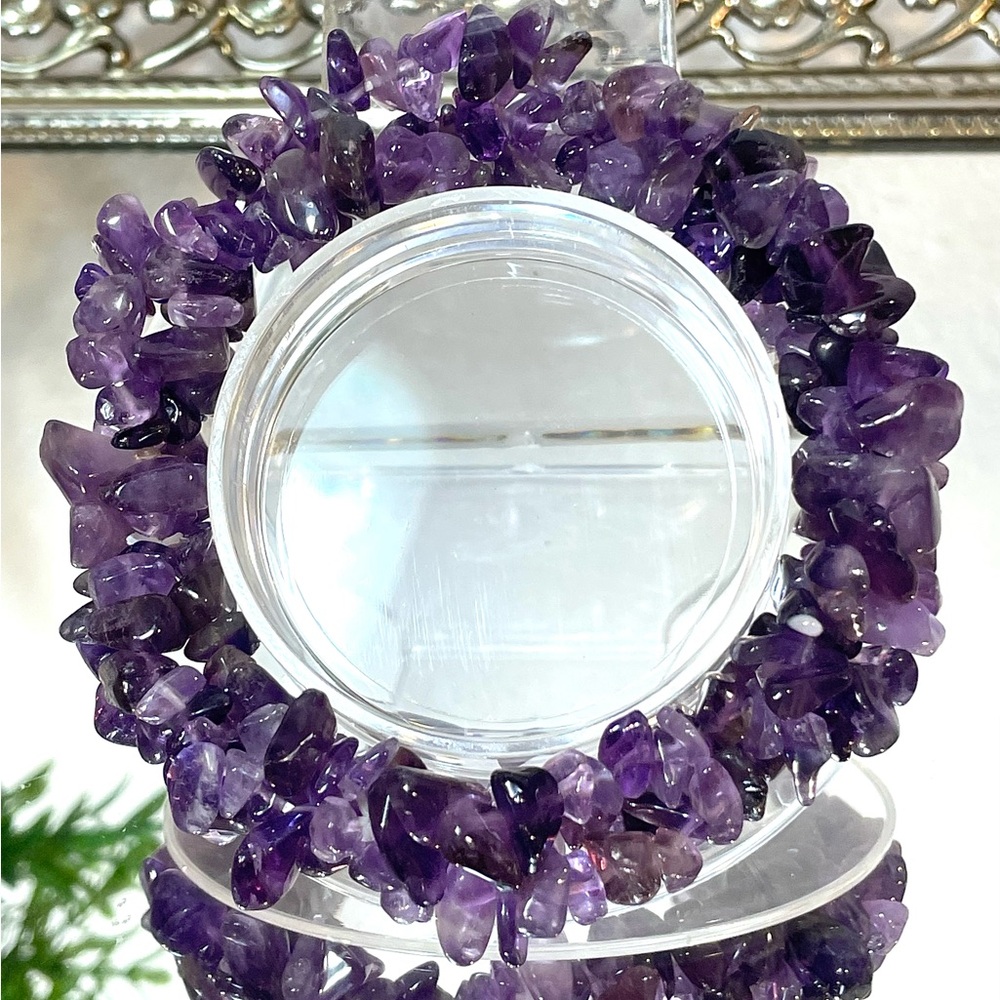 Triple (3)-Strand Natural Amethyst Chips Beaded Stretch Bracelet | EUC